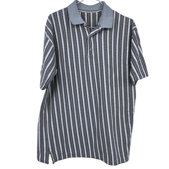 Vintage 90s Geometric Aztec Striped Polo Shirt Gray White Brown Vtg LARGE - Picture 1 of 5